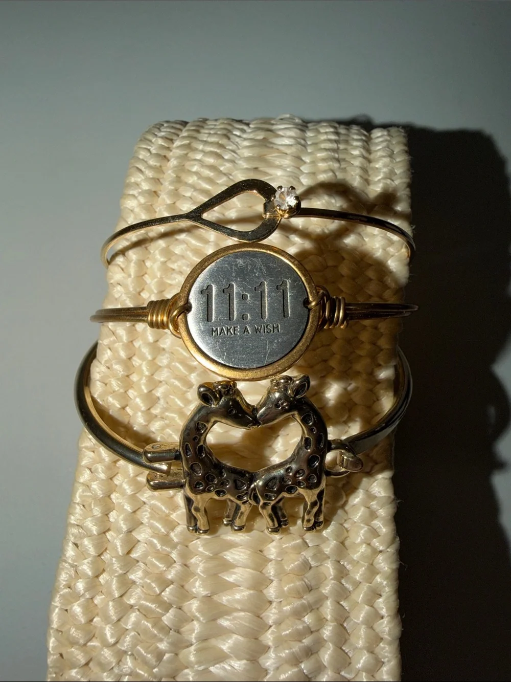 Set of three gold tone bracelets child size giraffes Stone & 11:11 make a wish